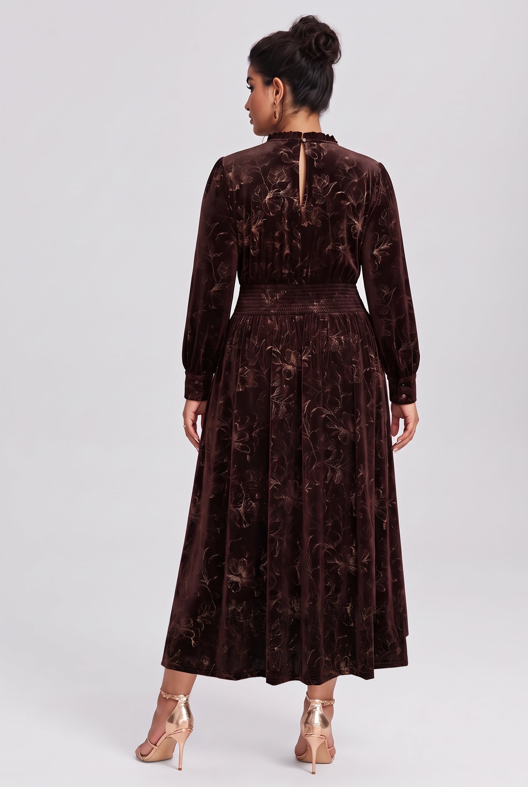 Curveins Plus Size Long Sleeve Velvet Patterned Elegant Flattering Maxi Dress