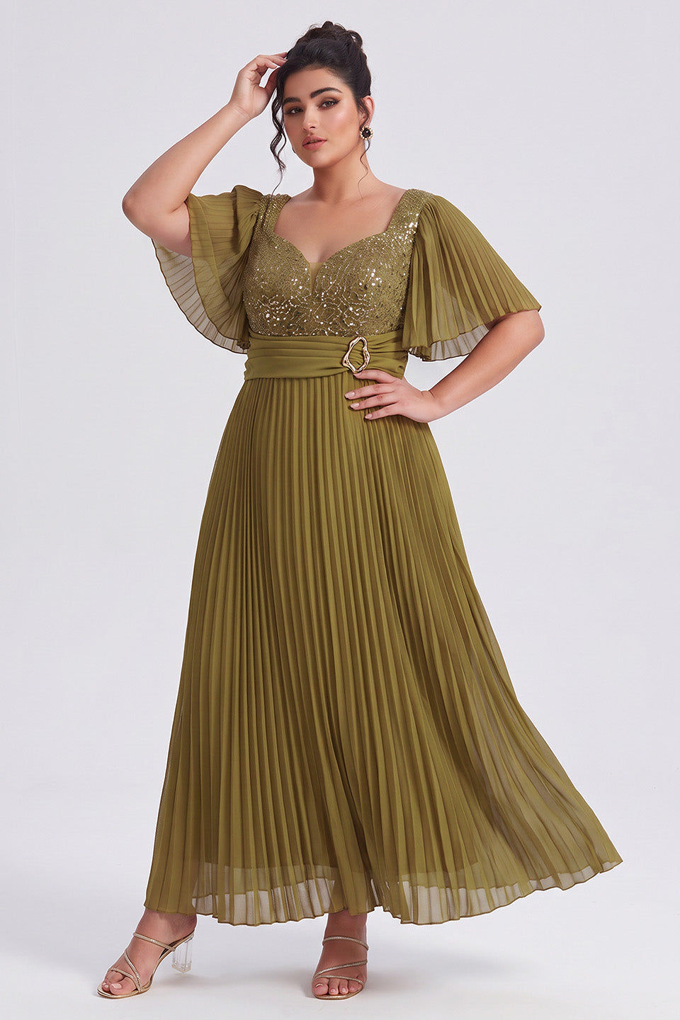 Curveins Plus Size Batwing Sleeve Sequin Panelled Ruched Waist Elegant Maxi Dress