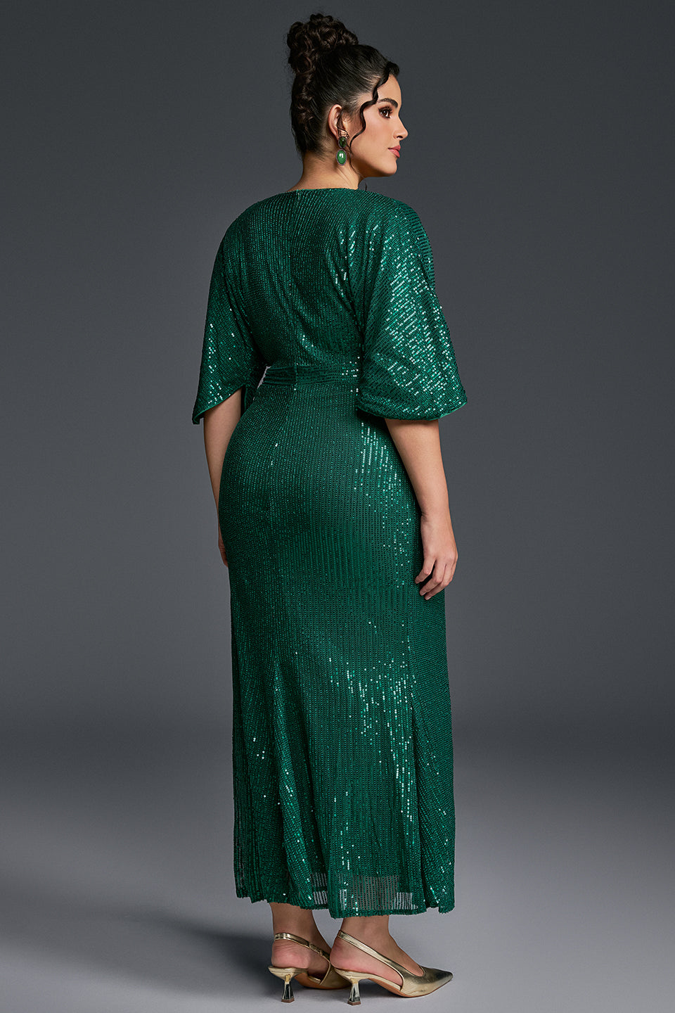 Curveins Plus Size Solid Color V-Neck High Waist Sequin Maxi Dress