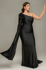 Curveins Plus Size Elegant One Shoulder 3D Floral Sash Detail High Slit Bodycon Maxi Dress