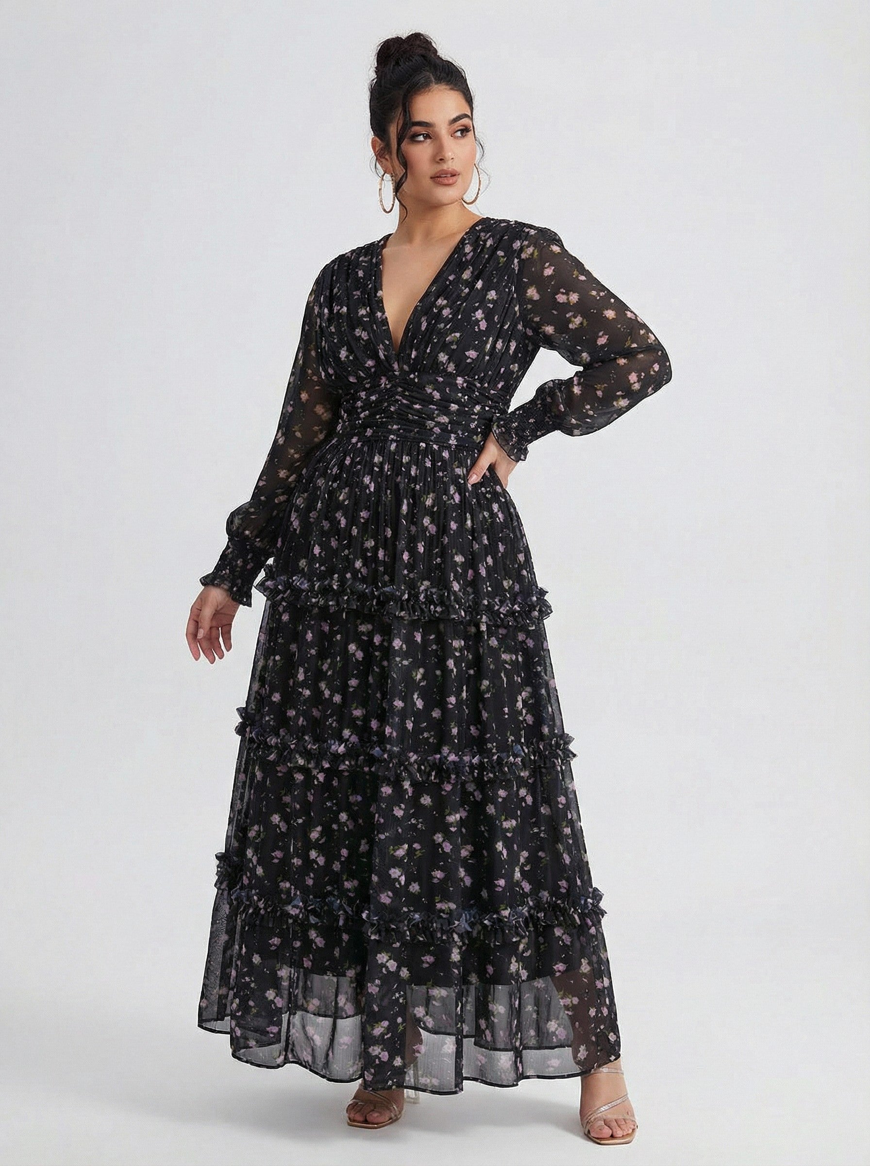 Curveins Plus Size V Neck Long Sleeve Floral Tiered Maxi Dress