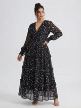 Curveins Plus Size V Neck Long Sleeve Floral Tiered Maxi Dress