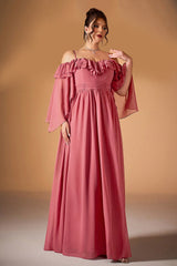 Curveins Plus Size Off-Shoulder Long Sleeve Solid Color Waist-Defined Maxi Dress