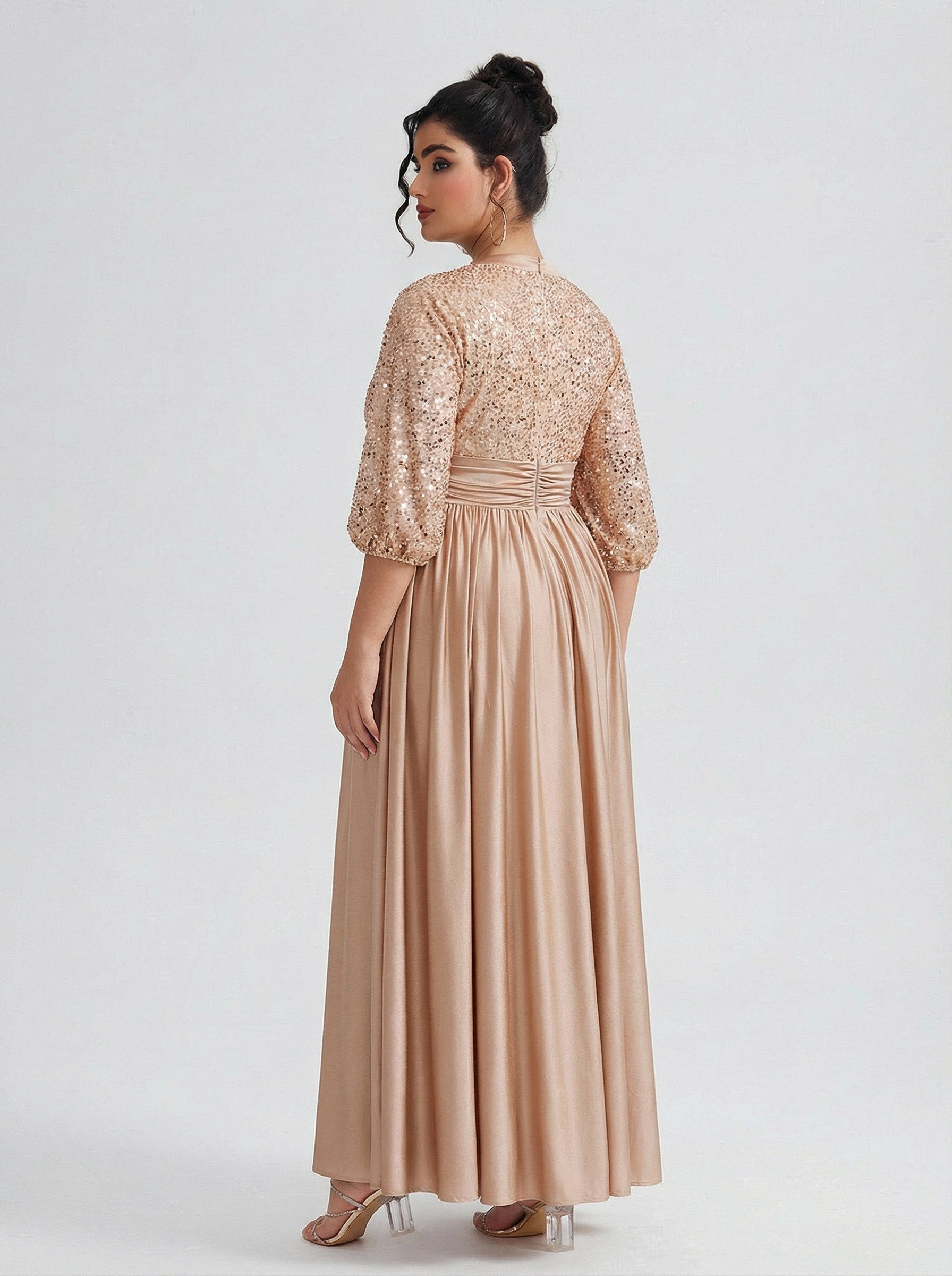 Curveins Plus Size Elegant V-Neck Sequin Panel Dress