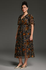 Curveins Plus Size V-Neck Sheer Batwing Sleeve Floral Velvet Maxi Dress