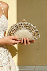 Curveinse Champagne Gold Rhinestone Fan Evening Clutch Bag
