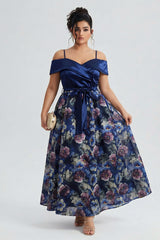 Curveins Plus Size Spaghetti Strap Off-Shoulder Printed Maxi Dress with Patchwork Detail