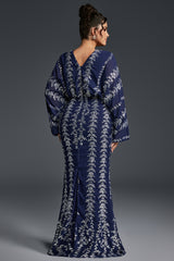 Curveins Plus Size V-Neck Vertical Sequin Bodycon Maxi Dress Elegant Evening Wear
