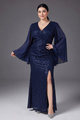 Curveins Plus Size V Neck Long Sleeve Sequin Bodycon High Slit Elegant Maxi Dress