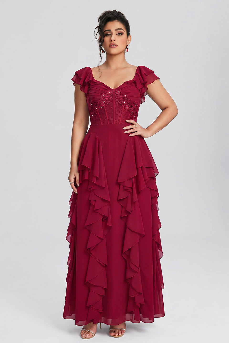 Curveins Plus Size V Neck Short Sleeve Pleated Waist Flowy Tiered Maxi Dress