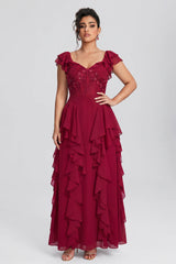 Curveins Plus Size V Neck Short Sleeve Pleated Waist Flowy Tiered Maxi Dress