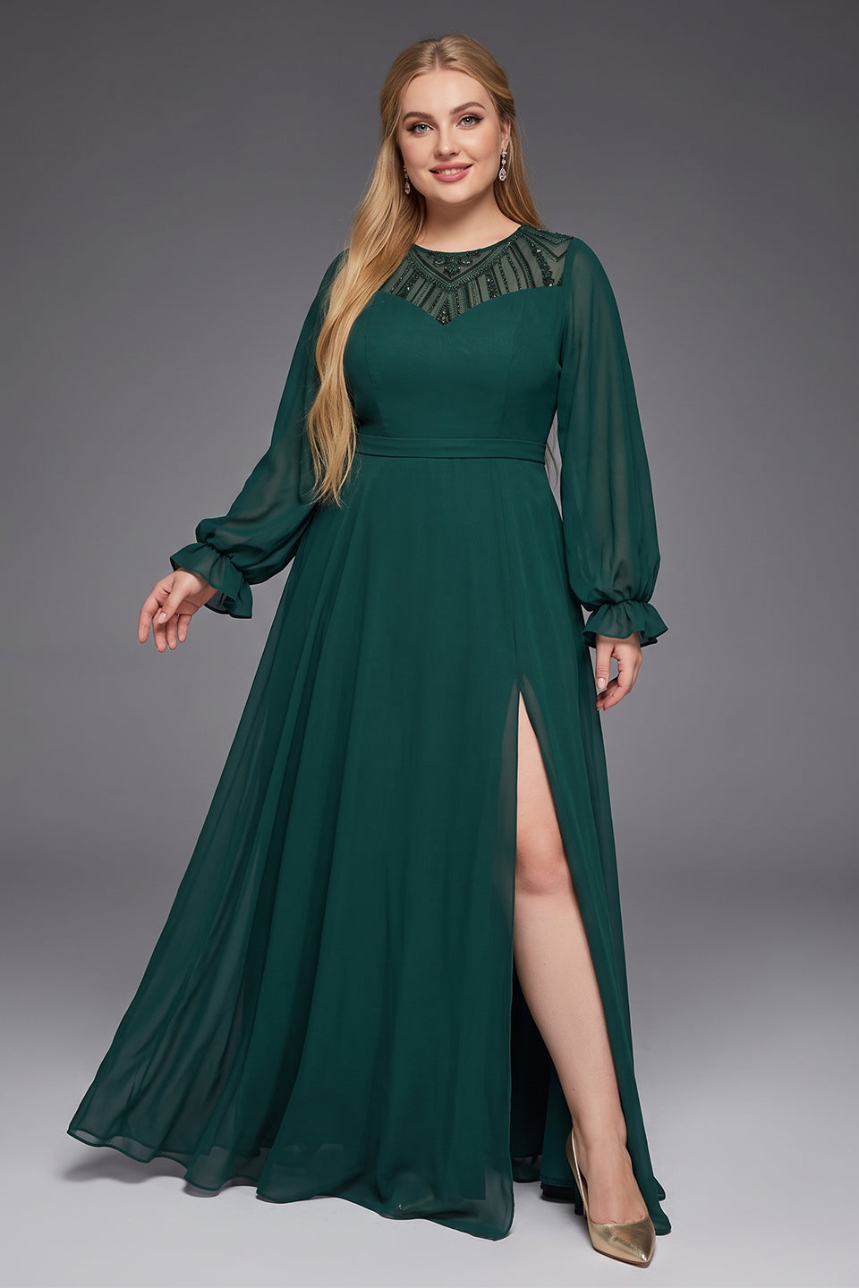 Curveins Plus Size Round Neck Lantern Sleeve Waist-Defining Sequin Panel Slit Maxi Dress