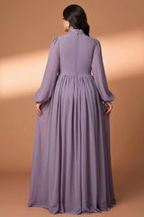 Curveins Plus Size High Collar Long Sleeve Beaded Floral Detail Elegant Maxi Dress