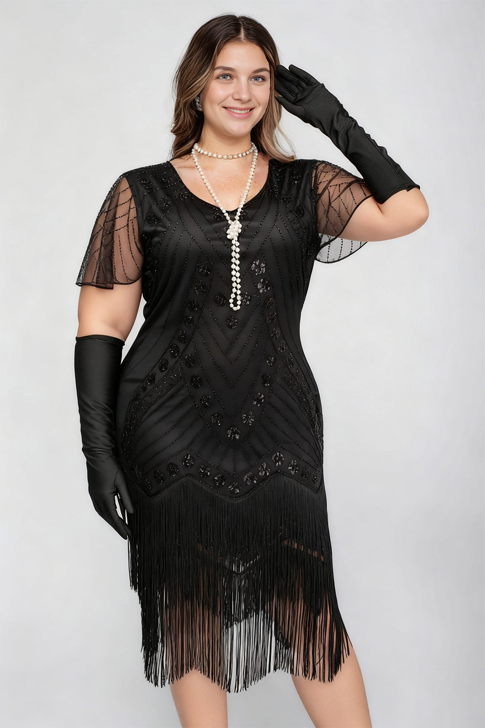 Curveins 1920s Black Stella Plus Size Sequin Fringe Flapper Gatsby Dress