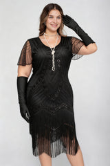 Curveins 1920s Black Stella Plus Size Sequin Fringe Flapper Gatsby Dress