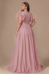Curveins Plus Size V-Neck Ruffle Sleeve Split A-Line Maxi Dress