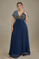 Curveins Plus Size Sequin V-Neck Short Sleeve Maxi Evening Gown