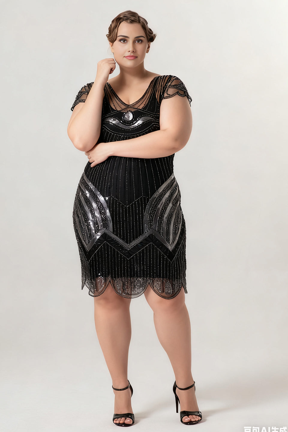 Curveins 1920s Black Pearl Plus Size Vintage Beaded Sequin Flapper Dress