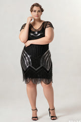 Curveins 1920s Black Pearl Plus Size Vintage Beaded Sequin Flapper Dress