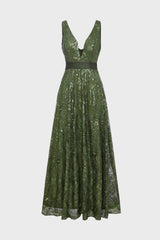 Curveins Plus Size Sleeveless Sequin Ruched Waist Elegant Sparkly Evening Maxi Dress