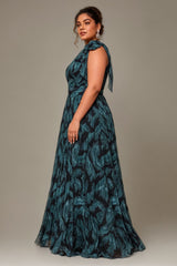 Curveins Plus Size Elegant Striped One Shoulder Cinched Waist Flowy Maxi Dress