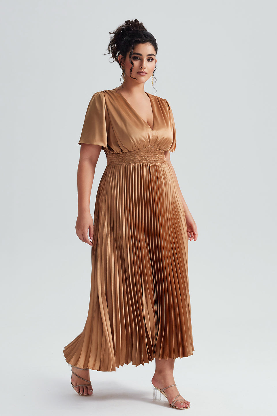 Curveins Plus Size Satin Ruched Elegant V-Neck Maxi Dress