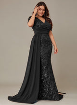 Curveins Plus Size V-Neck Sequin Patchwork Pattern Maxi Dress