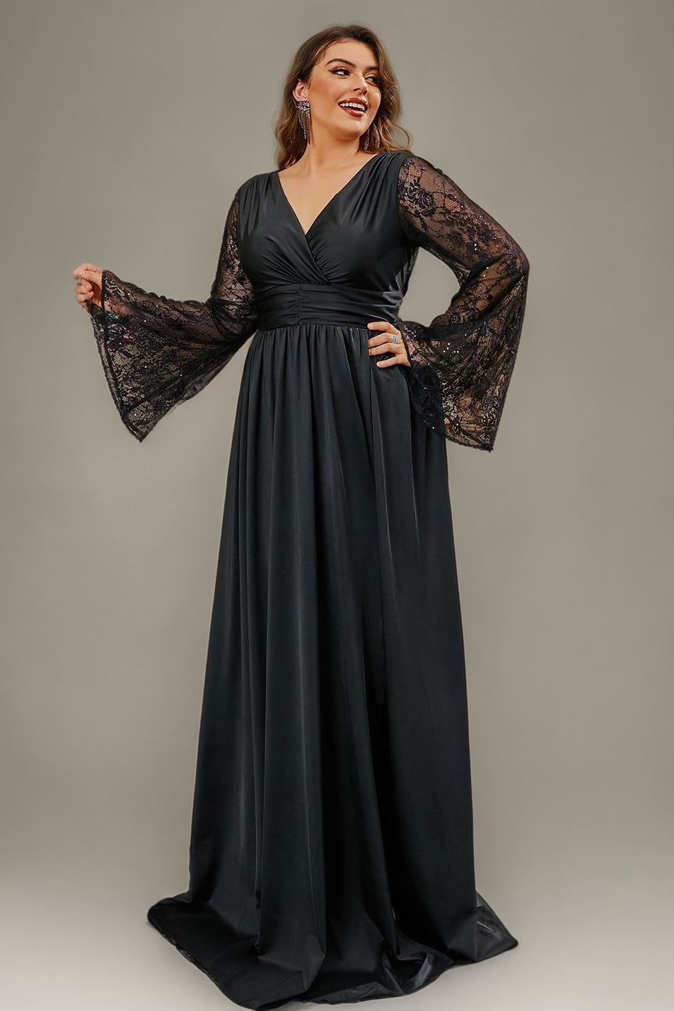 Curveins Plus Size Romantic Lace V Neck Flared Sleeve Slim Waist Split Hem Maxi Dress
