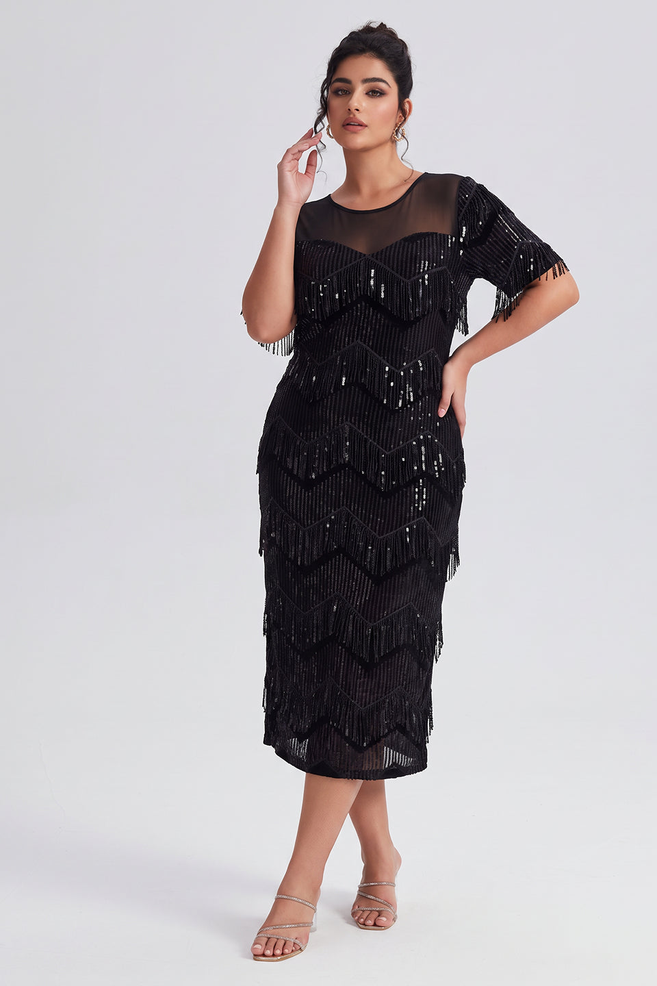 Curveins Plus Size Crew Neck Short Sleeve Sequin Fringe Velvet Maxi Dress