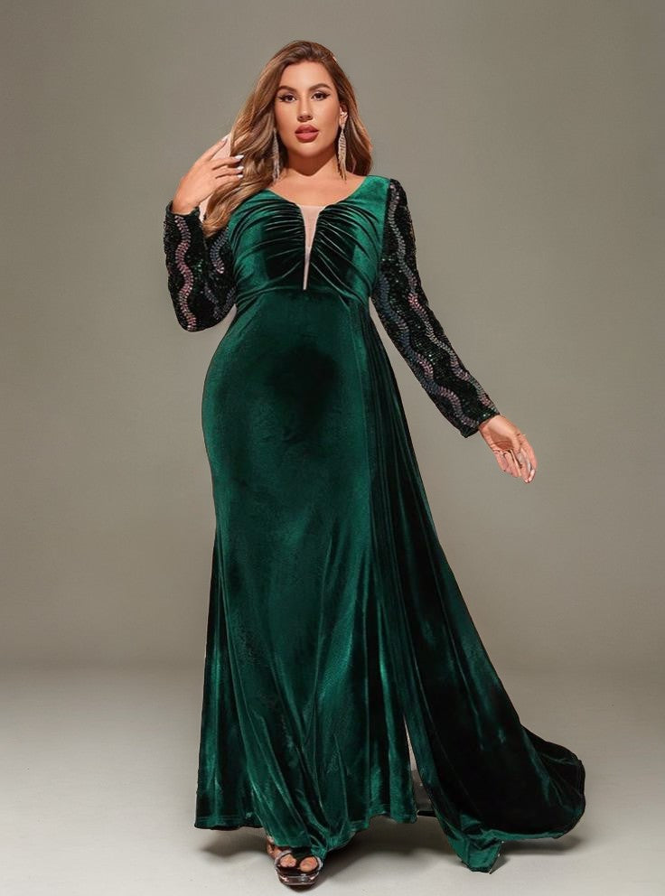 Curveins Plus Size Velvet Sequin V-Neck Long Sleeve Bodycon Maxi Dress