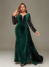 Curveins Plus Size Velvet Sequin V-Neck Long Sleeve Bodycon Maxi Dress