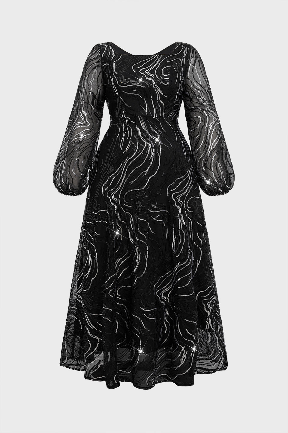 Curveins Plus Size Square Neck Long Sleeve Striped Sequin A-Line Maxi Dress