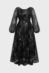 Curveins Plus Size Square Neck Long Sleeve Striped Sequin A-Line Maxi Dress