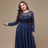 Curveins Plus Size Round Neck Long Sleeve Pleated Maxi Dress