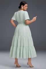 Curveins Plus Size V-Neck Striped Short Sleeve Pleated Maxi Dress