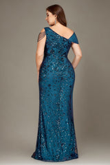 Curveins Plus Size One Shoulder Sleeveless Beaded Ribbon Elegant Maxi Dress