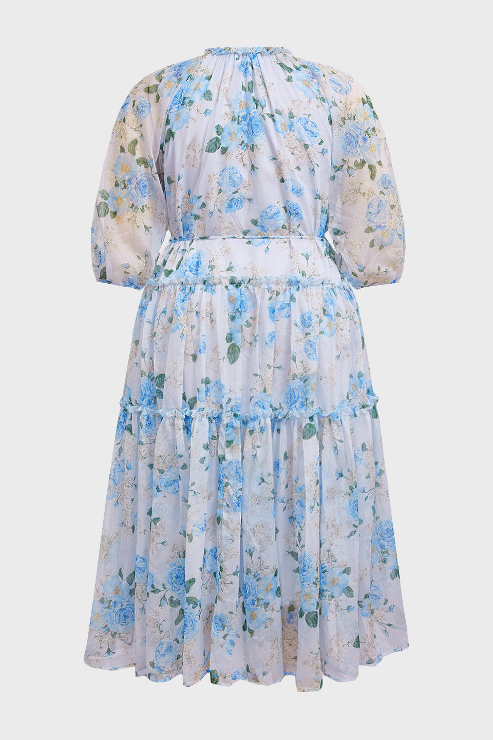 Curveins Plus Size Round Neck Floral Wrap Waist Tiered Maxi Dress