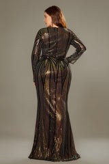 Curveins Plus Size V-Neck Long Lantern Sleeve Sequin Bodycon Maxi Dress