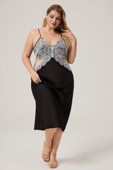 Curveins Plus Size Elegant Satin Lace Trim Slip Dress Sleepwear Long Gown