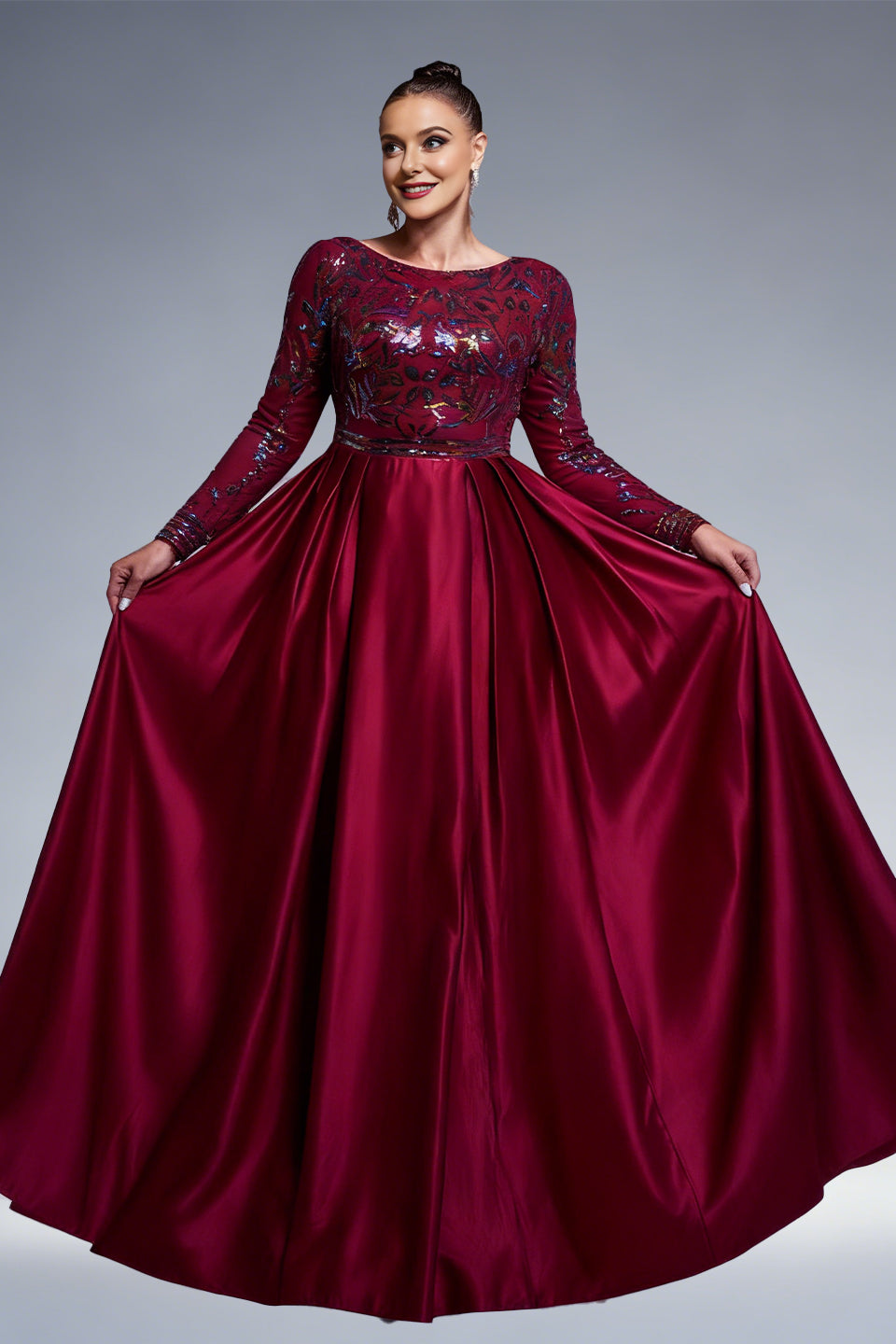 Curveins Plus Size Long Sleeve Round Neck Sparkling Sequin Patch Maxi Dress