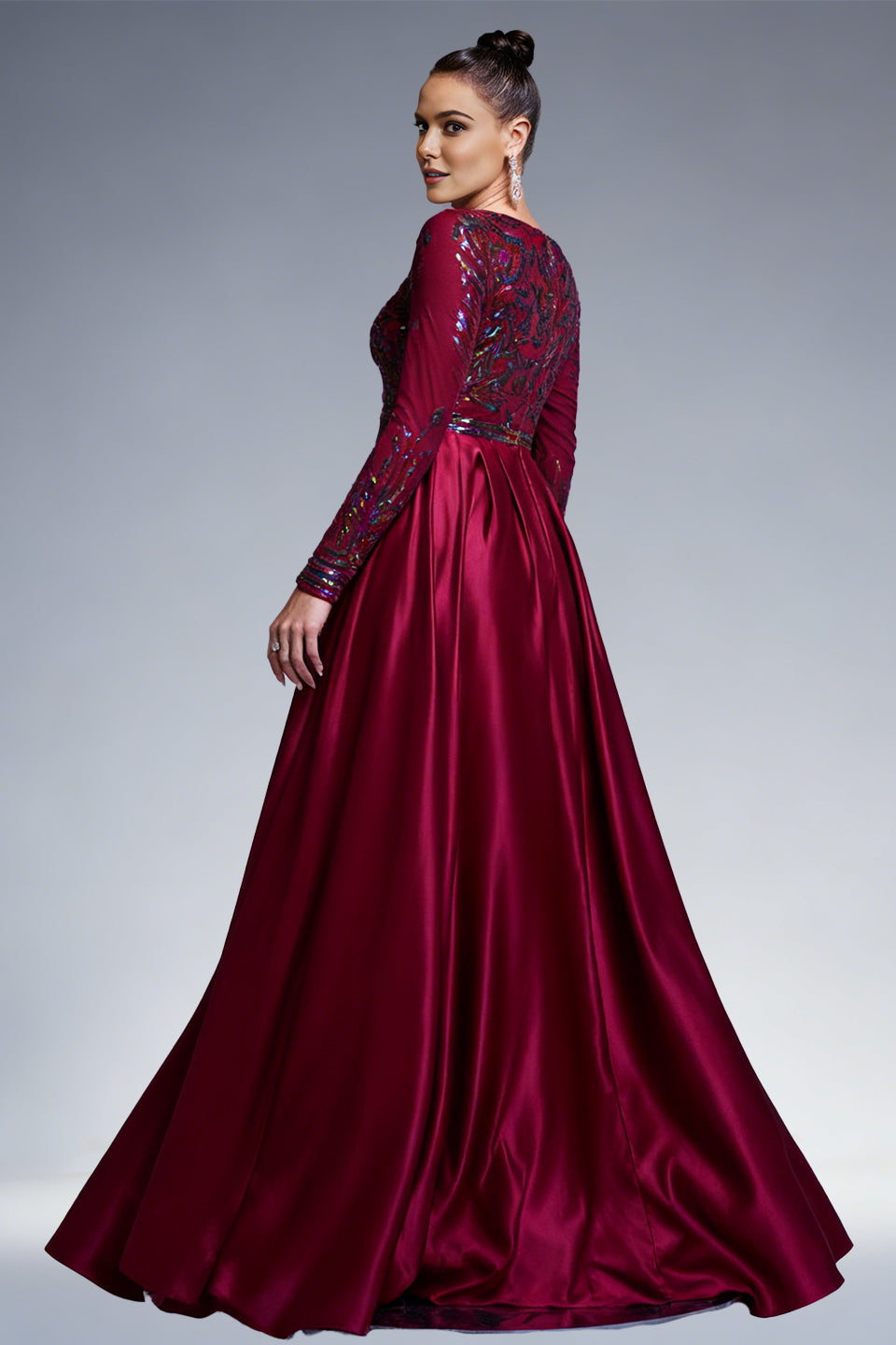 Curveins Plus Size Long Sleeve Round Neck Sparkling Sequin Patch Maxi Dress