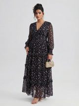 Curveins Plus Size V Neck Long Sleeve Floral Tiered Maxi Dress