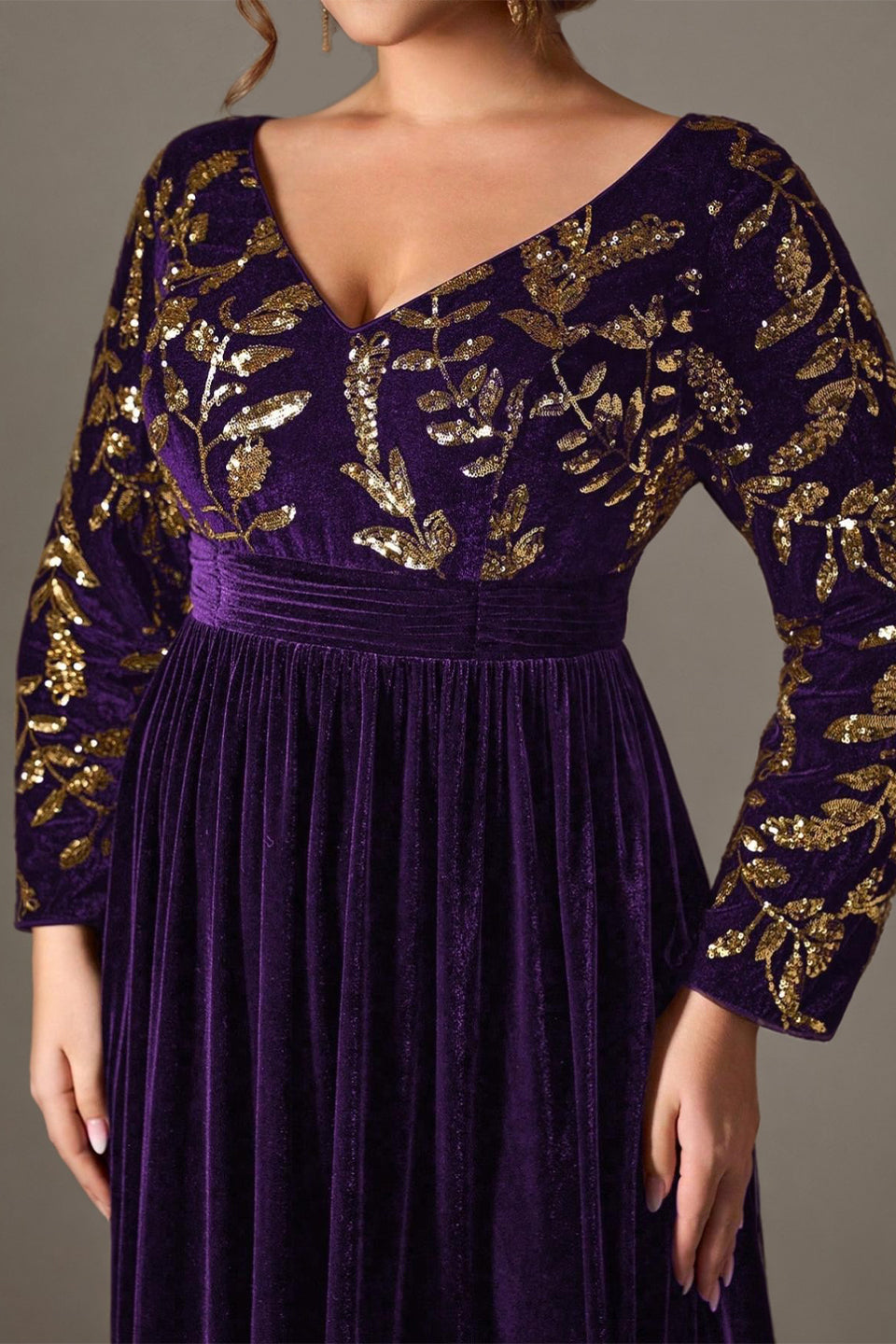 Curveins Plus Size V-Neck Long Sleeve Sequin Floral Embellished Velvet Evening Gown