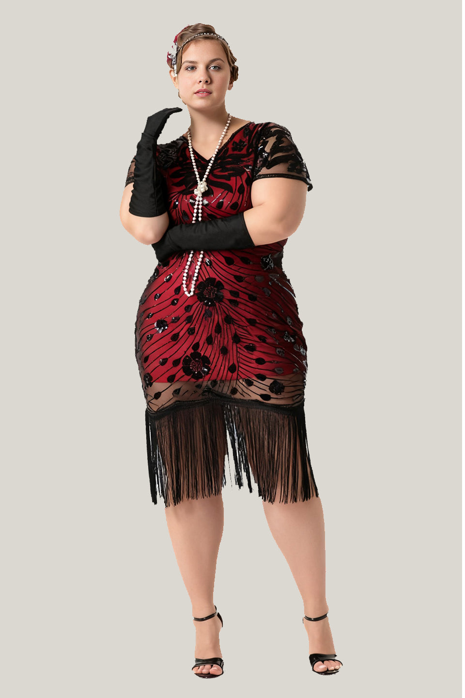 Curveins 1920s Black Ruby Plus Size Retro Sequin Evening Flapper Midi Dress