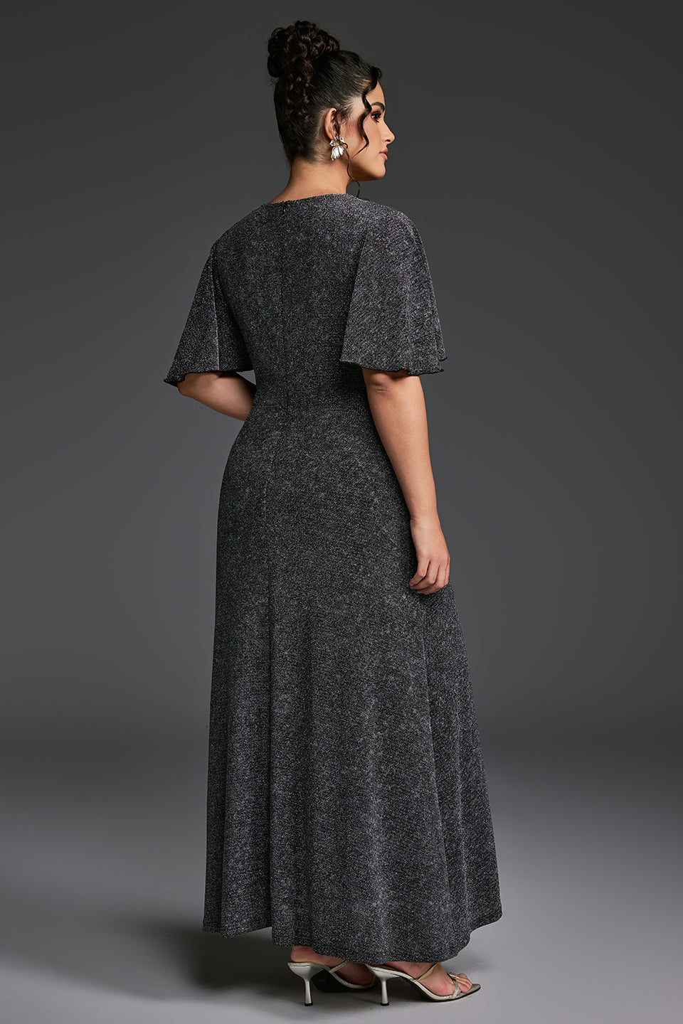 Curveins Plus Size V-Neck Ruffle Sleeve Maxi Dress