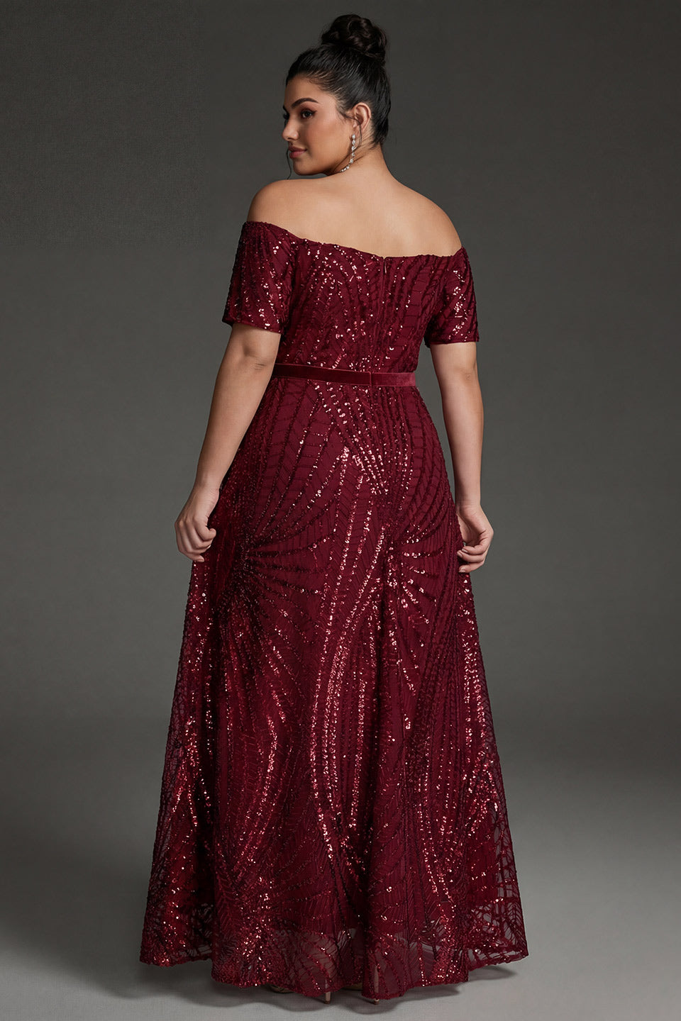 Curveins Plus Size Off-Shoulder Waist Cinched Striped Sequin Maxi Evening Dress