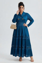 Curveins Plus Size Wrap Neck Long Sleeve Color Block Cinched Waist Maxi Dress