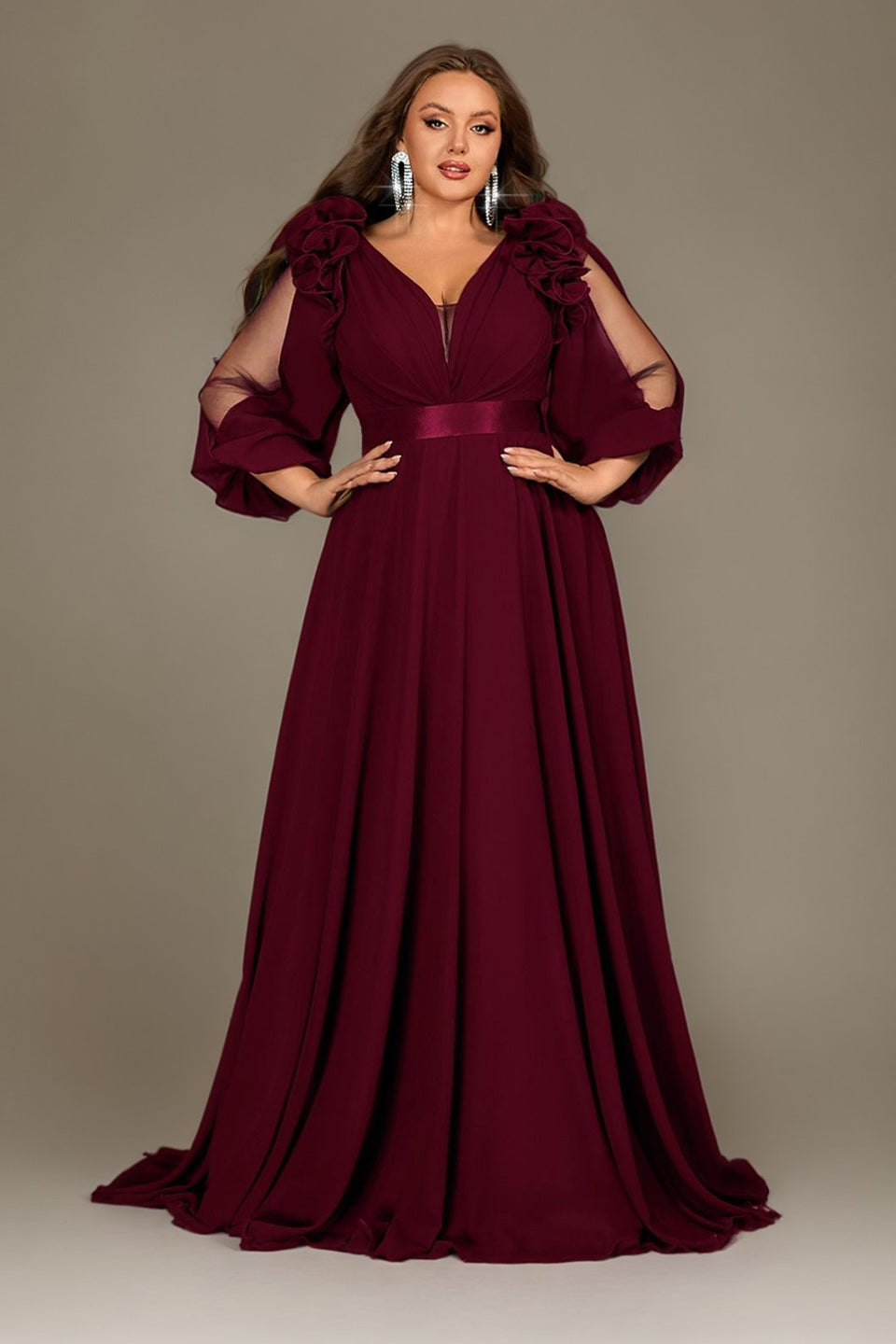 Curveins Plus Size Elegant V-Neck Batwing Sleeve Waist-Hugging Long Dress