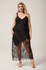 Curveins Plus Size Spaghetti Strap Sleep Dress with Lace Edged Irregular Hem, Stylish Lounge Wear
