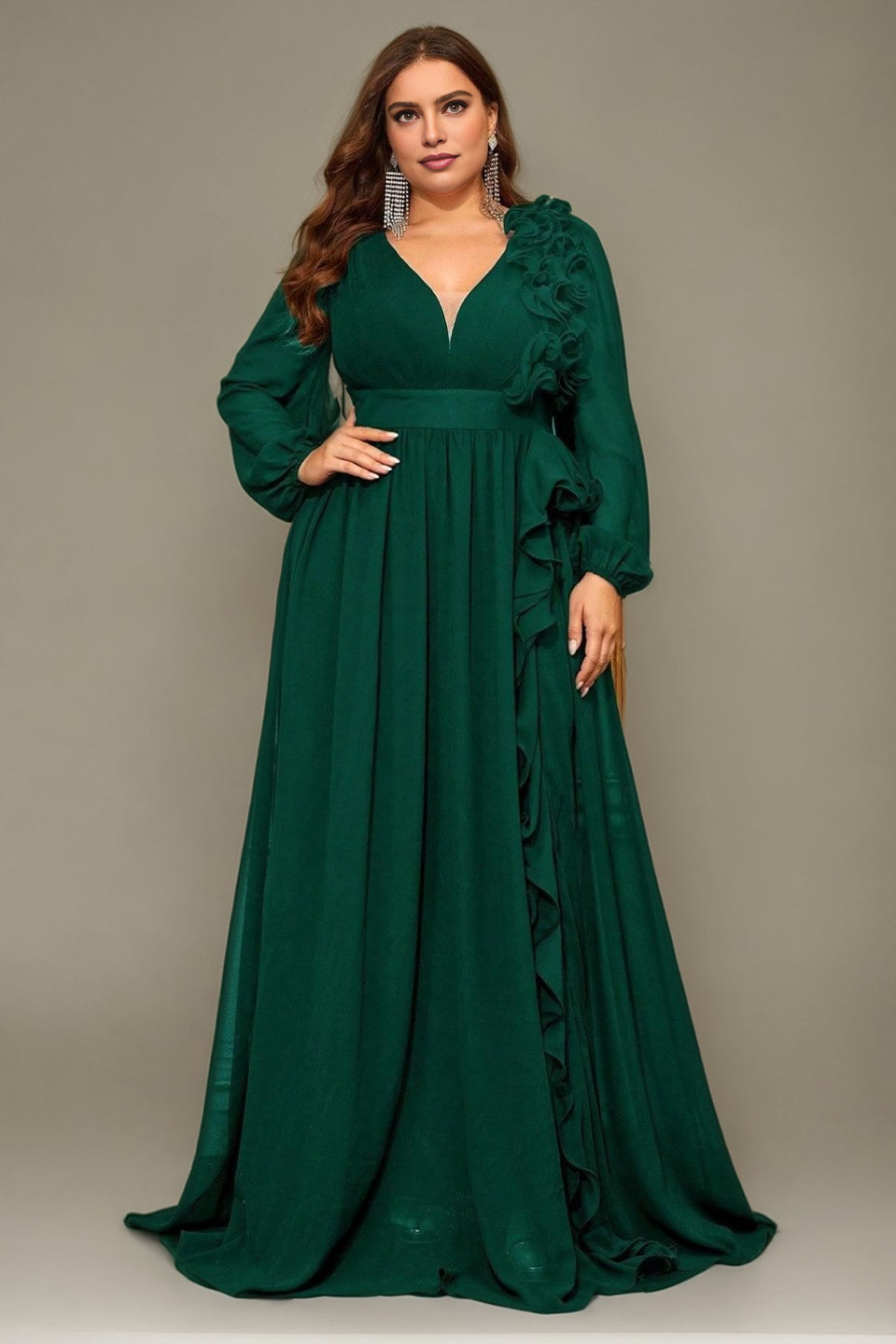 Curveins Plus Size V-Neck Chiffon Maxi Dress with Floral Lantern Sleeves